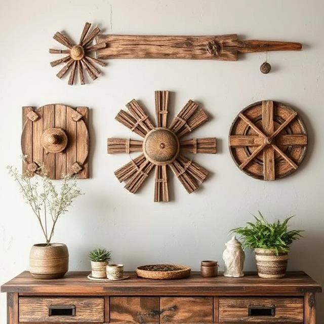 %22Rustic farmhouse wall decor with wooden designs and a console table adorned with plants and ceramics.%22