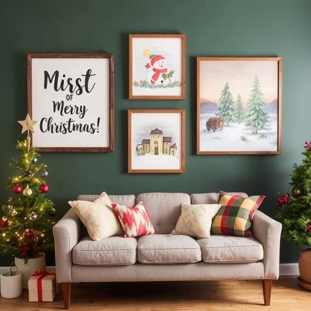 A cozy Christmas themed living room with a green accent wall, festive framed wall art, a beige sofa adorned with holiday pillows, and two small decorated Christmas trees.