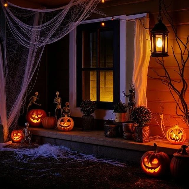 A minimalist Modern Halloween Decor vignette featuring a sleek black vase with branches of bleached white pumpkins and gourds