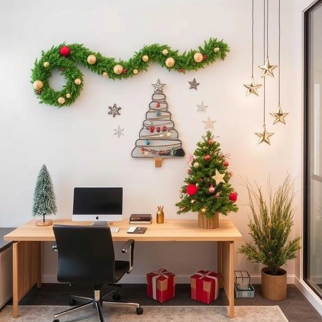 A modern office wall adorned with festive ornaments, garlands, and lights, featuring a large Christmas tree, corporate gift, holiday artwork, and a bold silver %22Merry Christmas%22 banner.