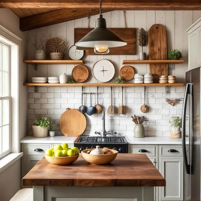 Cozy farmhouse kitchen with rustic beams, vintage decor, and warm lighting, creating a charming country feel.