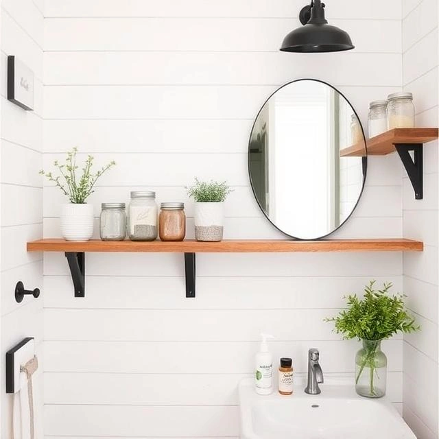 Minimalist bathroom with white shiplap walls, a round mirror, wooden shelves, and potted greenery.