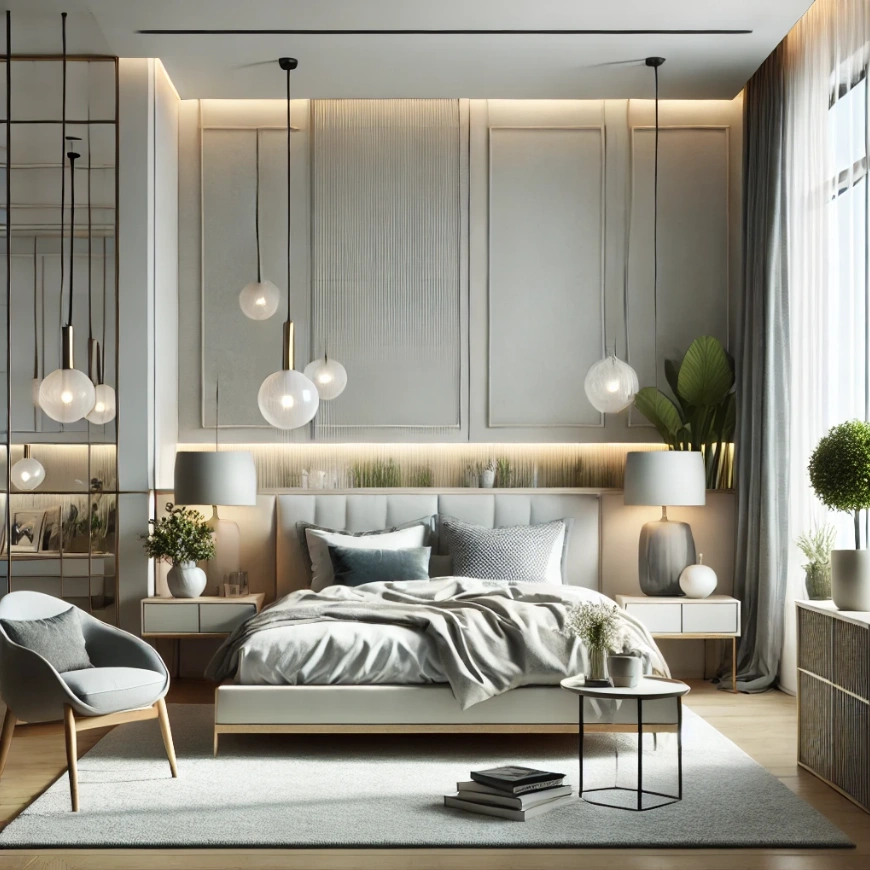 A bedroom arrange by bulb and chair