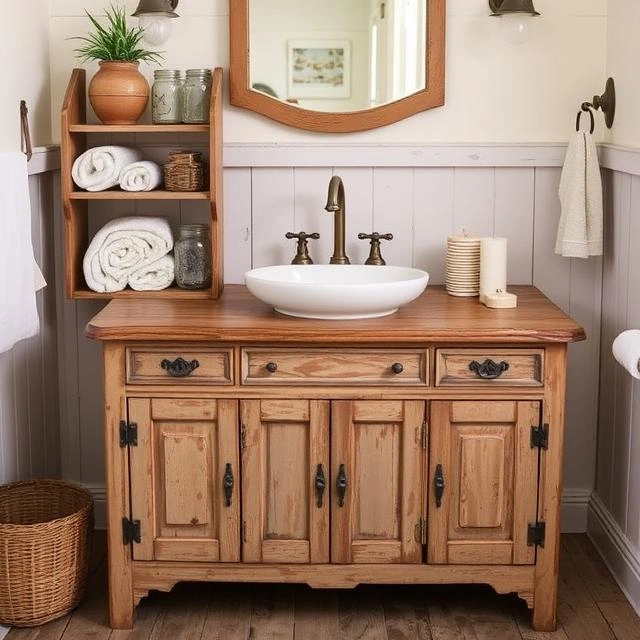 Rustic farmhouse bathroom vanity with a vessel sink and wooden accents.