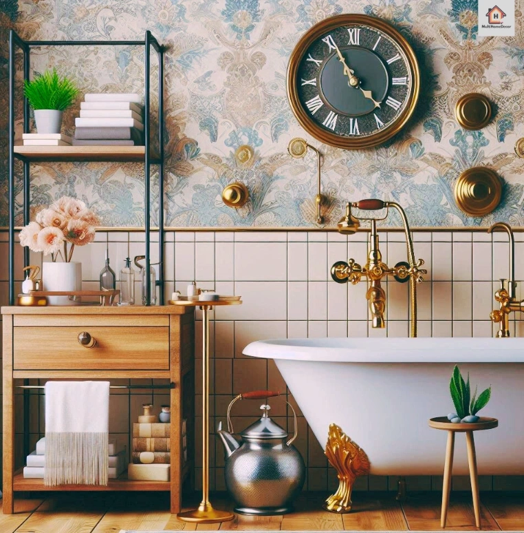 Vintage bathroom with a clawfoot tub, gold fixtures, and wooden shelves.