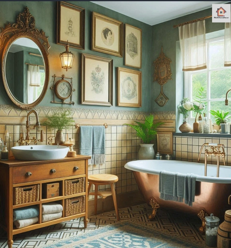 Vintage style bathroom with a copper bathtub, gold fixtures, and wall art.