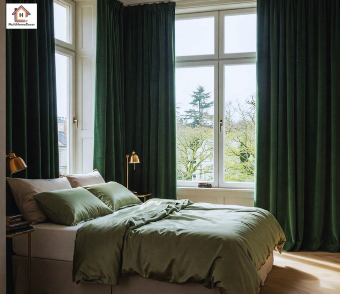 Bedroom with green velvet curtains, satin bedding, lamps, and large windows.