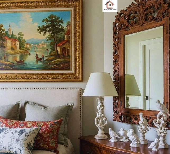 Bedroom with ornate mirror, landscape painting, bird figurines, and patterned pillows.