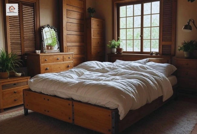Bedroom with wooden bed, metal accents, dressers, mirror, plants, and large window.
