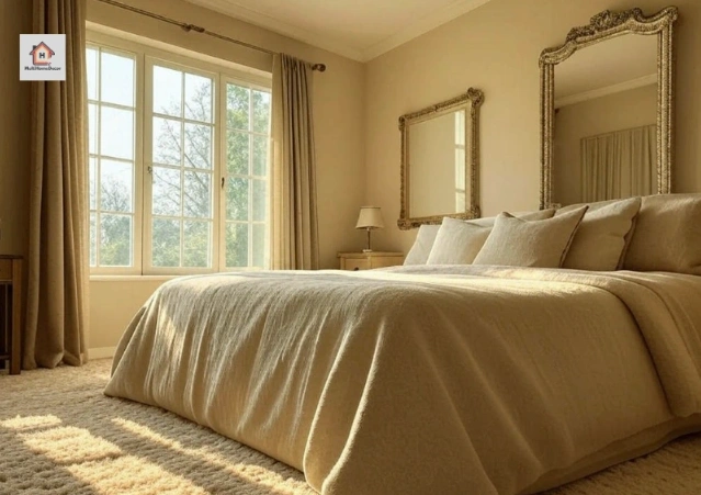 Beige bedroom decor with bed, pillows, mirrors, lamp, and curtains. Sunlight streams through large windows.