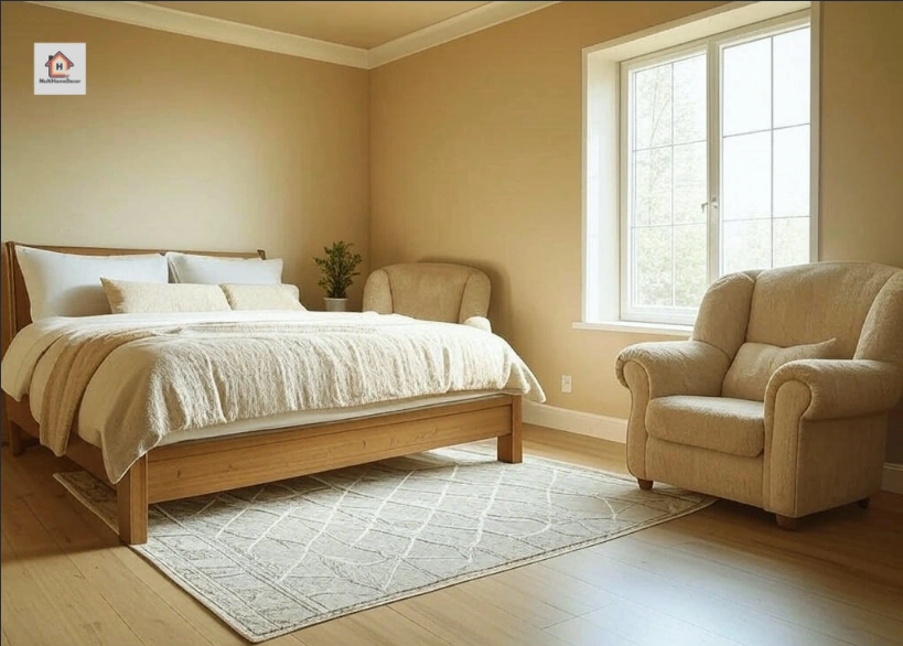 Beige bedroom with bed, pillows, chairs, and rug. Sunlight through window.