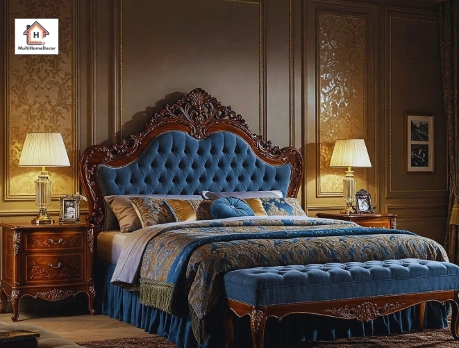 Elegant bedroom with blue tufted headboard, ornate bed, patterned bedding, and lamps.