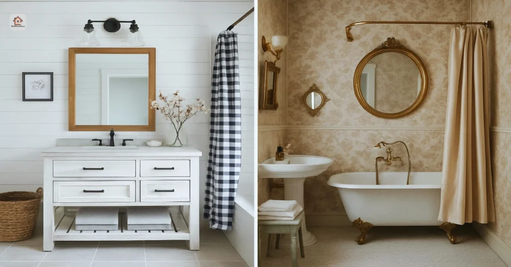 Farmhouse bathroom decor with shiplap walls next to vintage bathroom decor with clawfoot tub and gold accents.