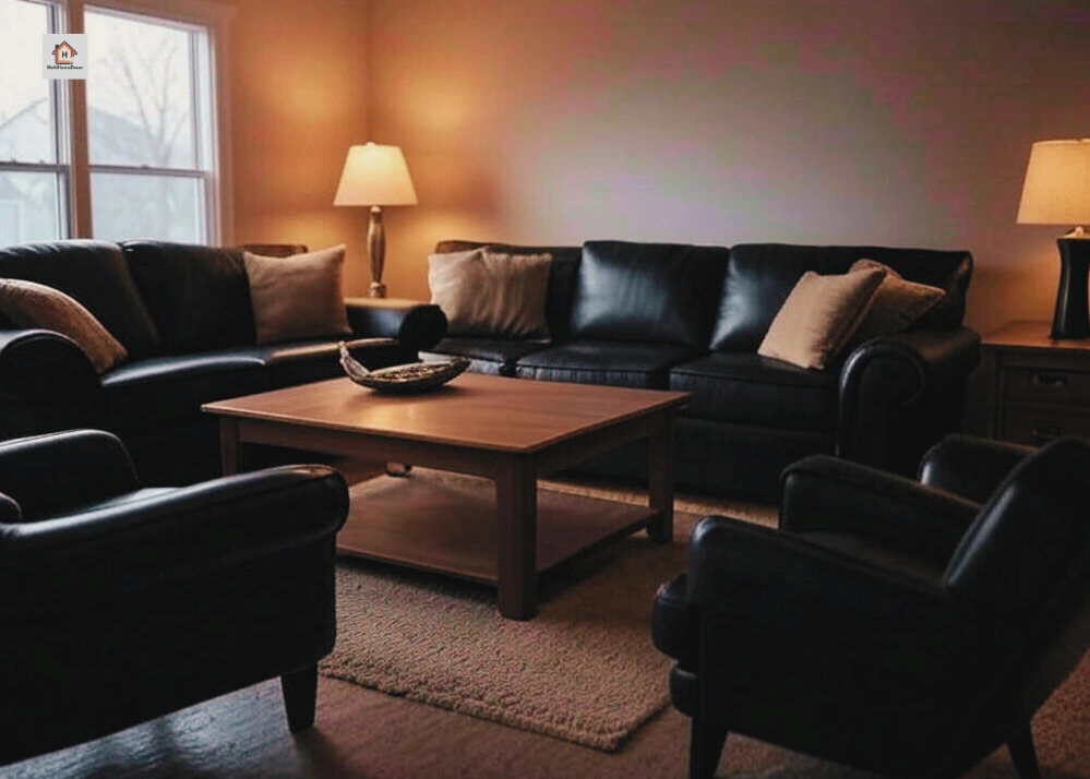 Living room with black leather sofas, wooden coffee table, beige rug, and lamps.