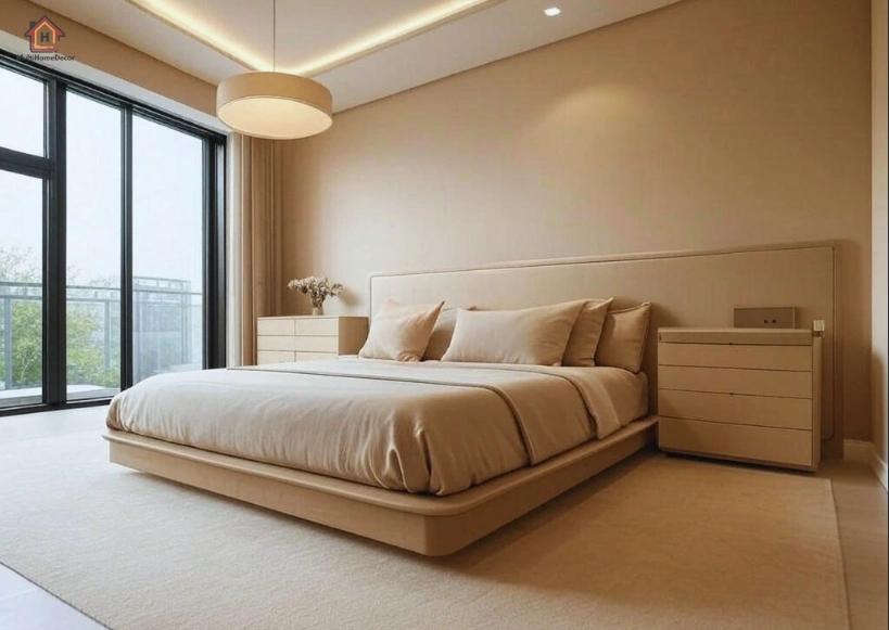 Modern beige bedroom with sleek bed, pillows, nightstands, and pendant light.