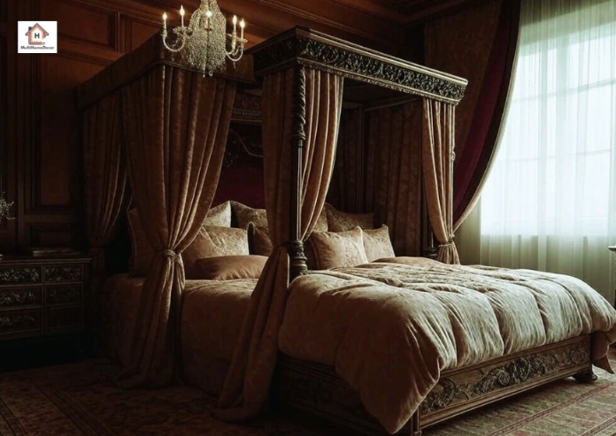 Rich bedroom decor with four poster bed, chandelier,and ornate decor.