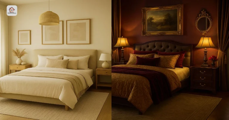 Two bedroom decors.left is beige with light tones, right is rich with dark tones and ornate details