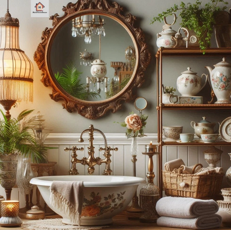 Vintage bathroom with floral tub, round mirror, and antique decor.