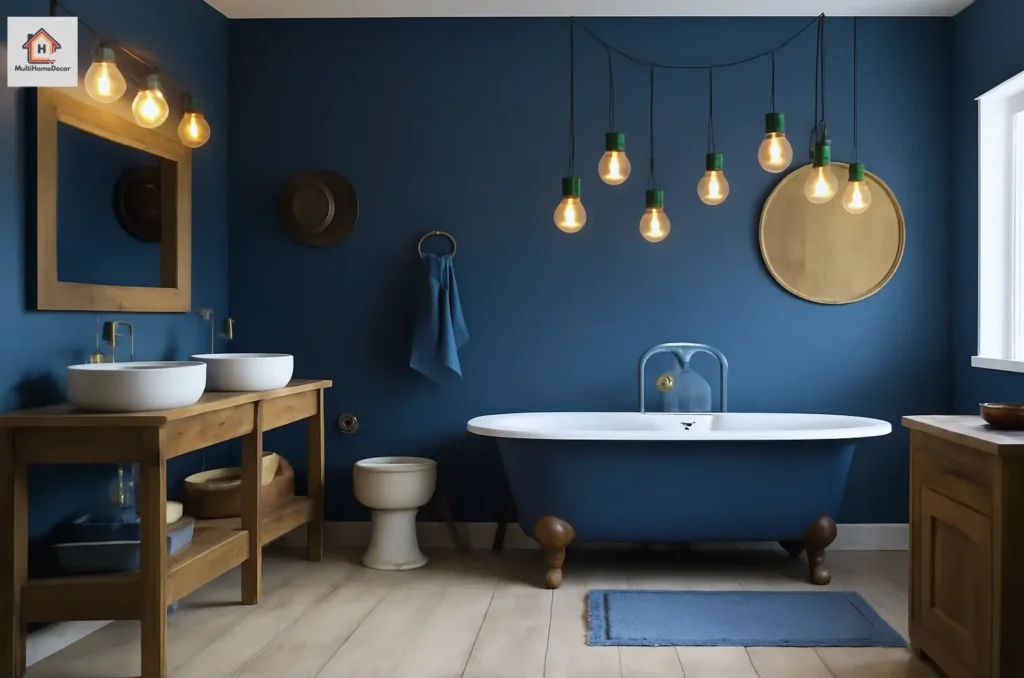 A modern bathroom with a freestanding tub, sinks, and blue walls illuminated by hanging lights
