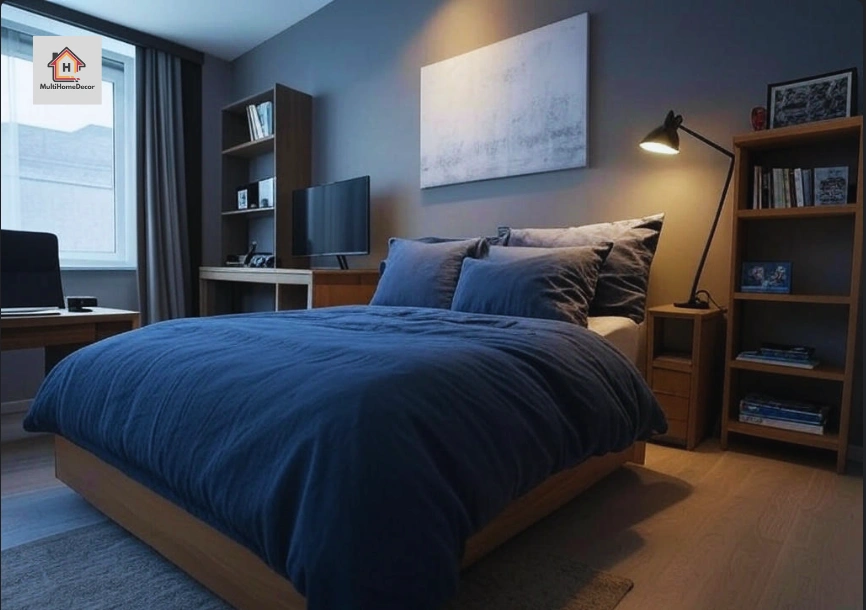 Vibrant bedroom with pink and blue bedding, wooden frame, mirrors, and colorful carpet.
