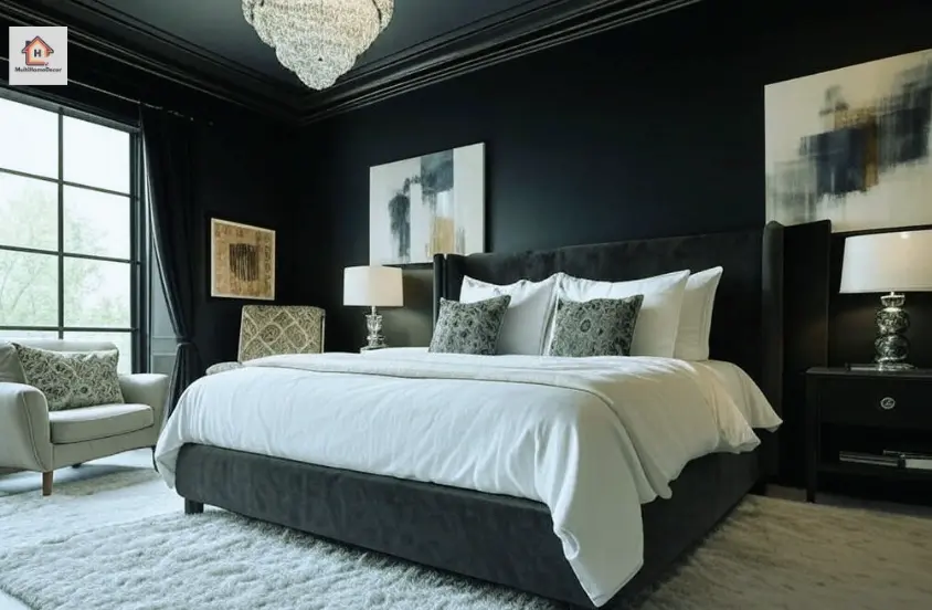 Black bedroom with white bed, chandelier, black curtains, lamps, armchair, and modern art.