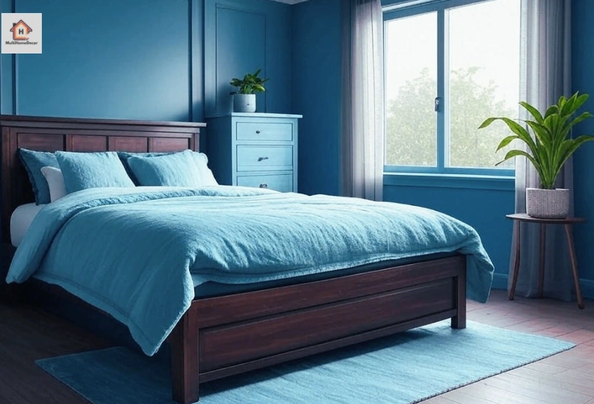 Blue bedroom with blue bedding, wooden bed, nightstand, plants, and large window with sheer curtains.