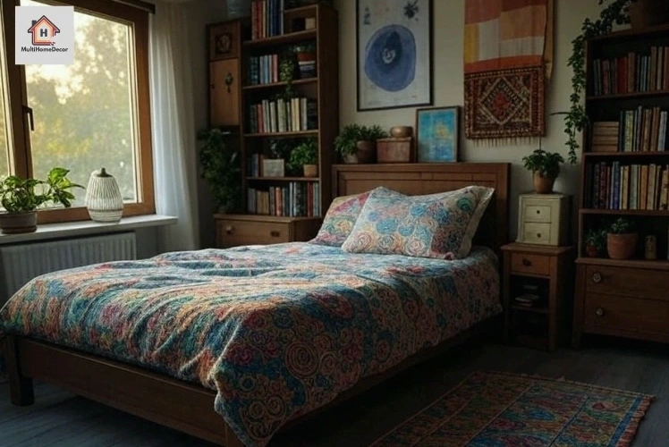 Cozy bedroom with colorful bedding, wooden bed, bookshelves, plants, and patterned wall art.