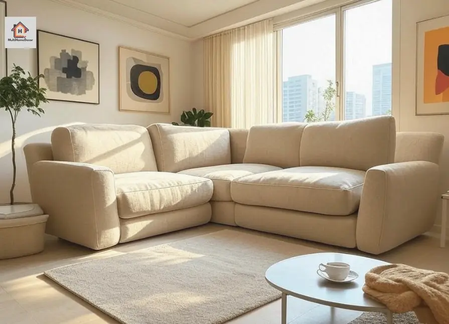small Apartment living room with beige sectional sofa, coffee table, plants, and large windows.