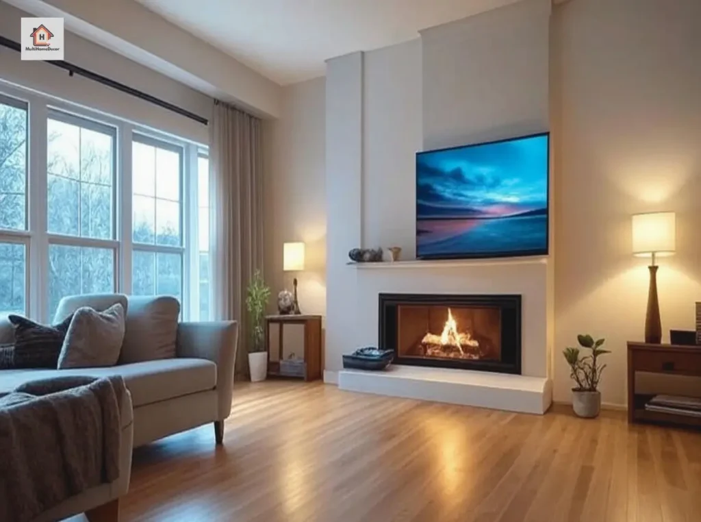 Cozy living room with fireplace and TV above, sofa, lamps.