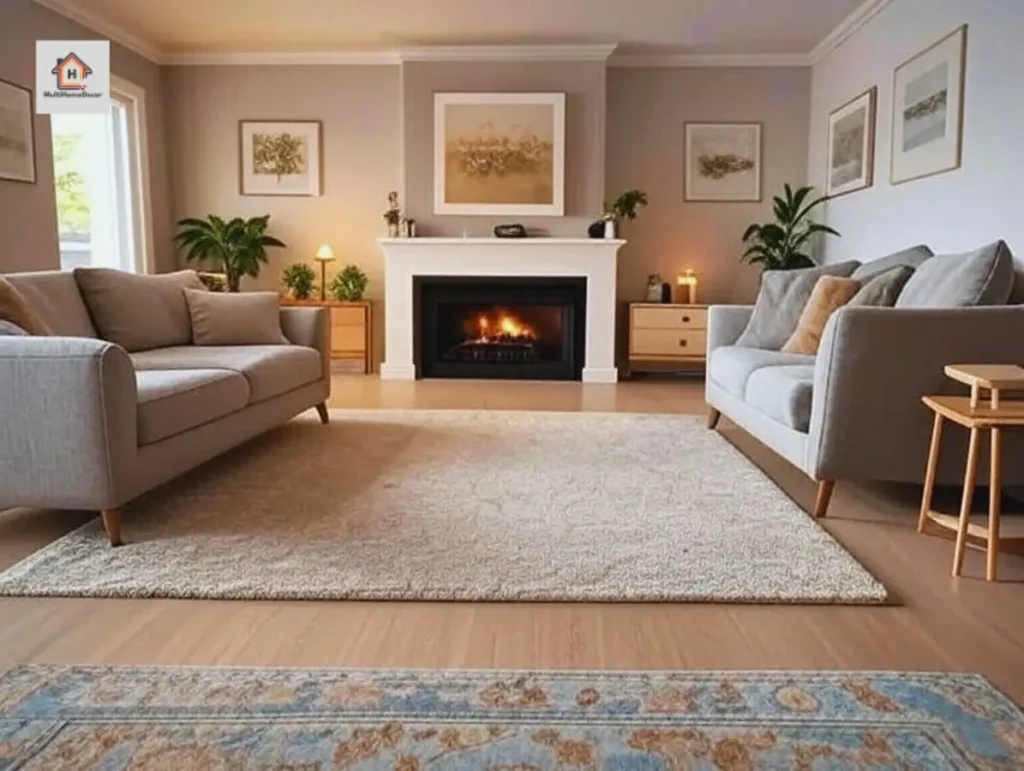 Cozy living room with fireplace, sofas, and plants.