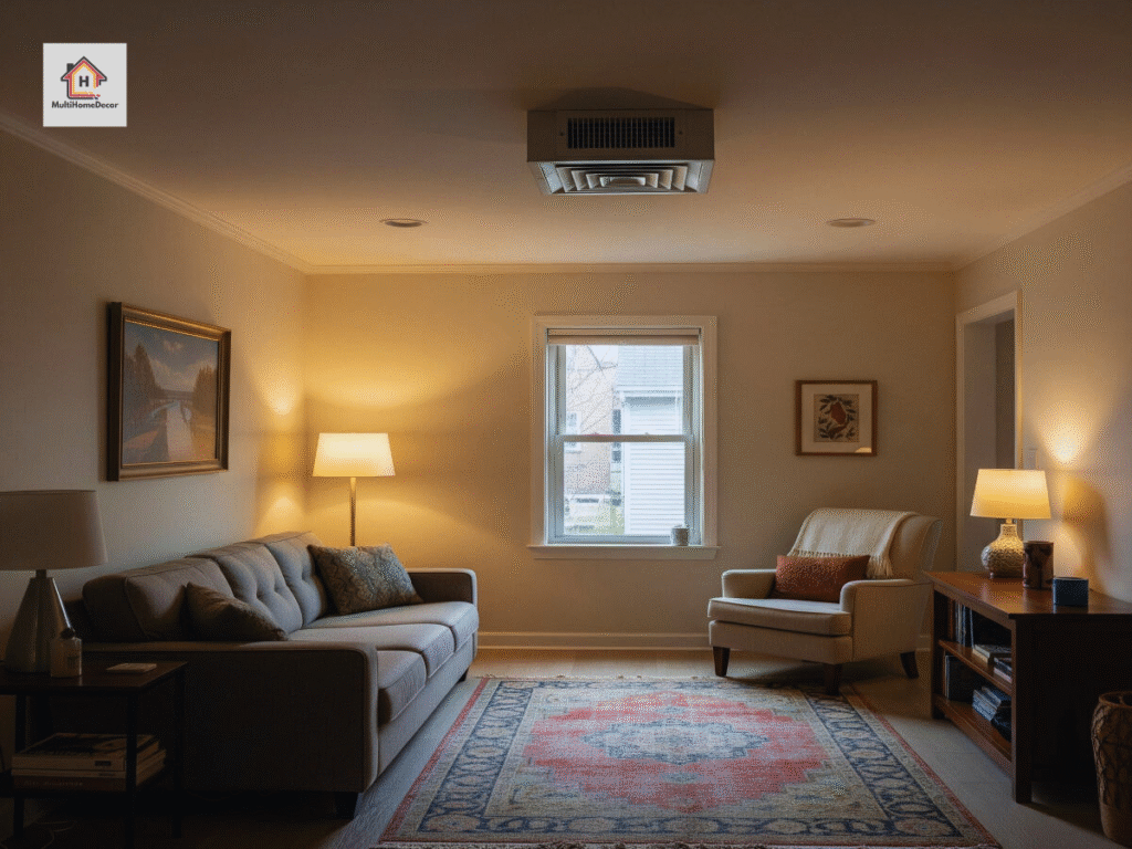 Cozy living room with sofa, armchair, lamps, and rug.