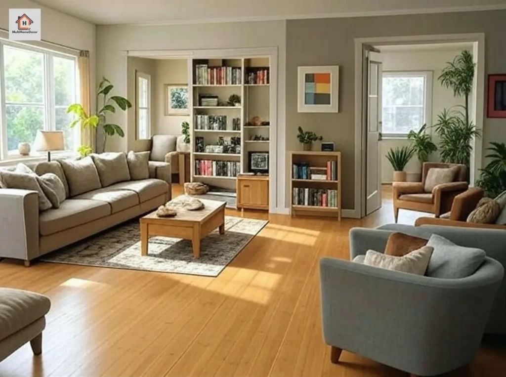 Cozy living room with sofa, chairs, plants, and bookshelves.