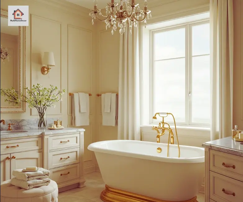 Cream bathroom with gold accents, soaking tub, and natural light