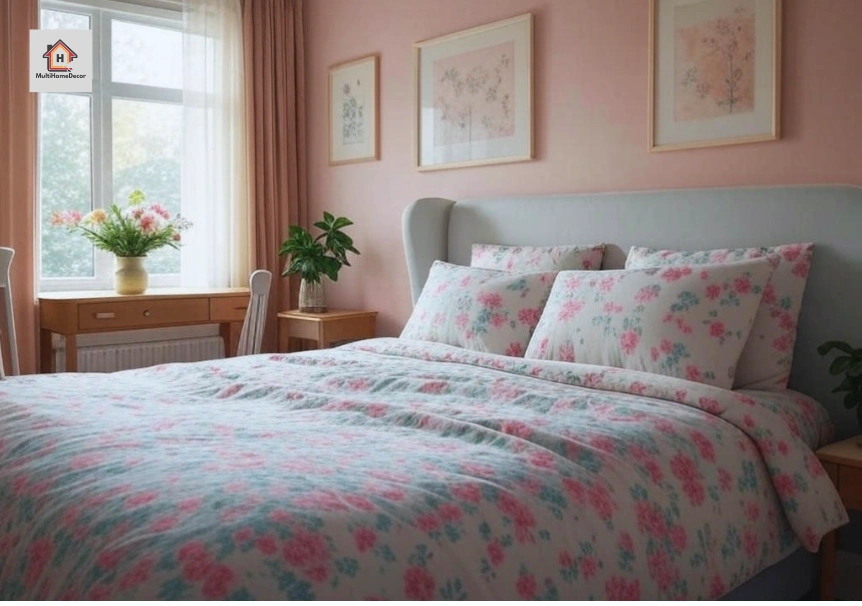 Soft pink bedroom with floral bedding, gray headboard, wooden desk, flowers, and framed art on walls.