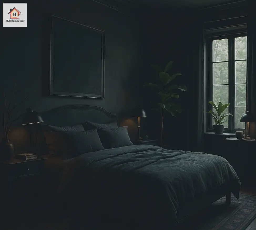 Dark cozy bedroom with black walls, moody lighting, and indoor plants near the window.