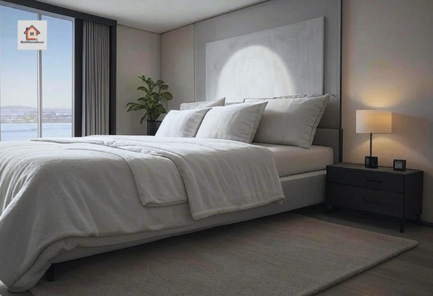 Modern bedroom with white bedding, large window with sea view, plant, and nightstand with lamp.