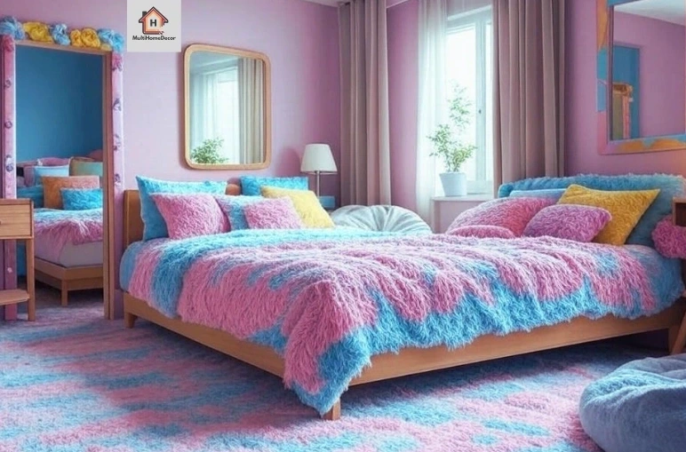Vibrant bedroom with pink and blue bedding, wooden frame, mirrors, and colorful carpet.