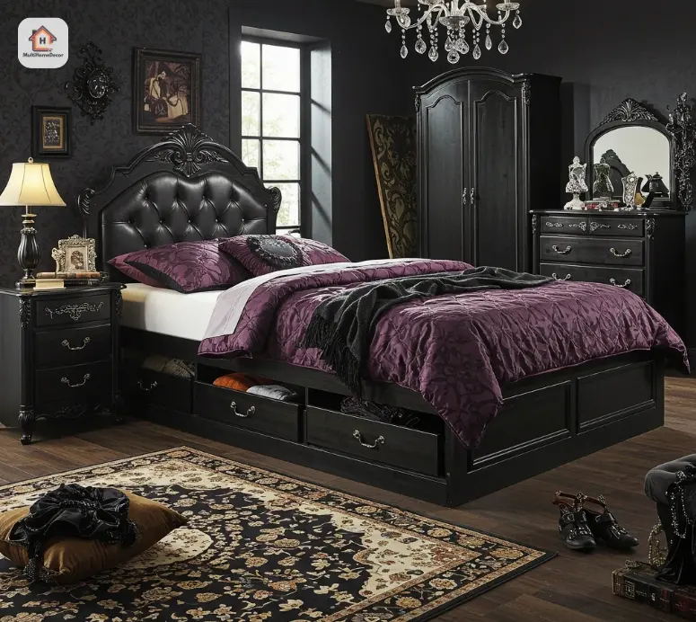 Elegant black gothic bedroom set with storage bed, dresser, and nightstand