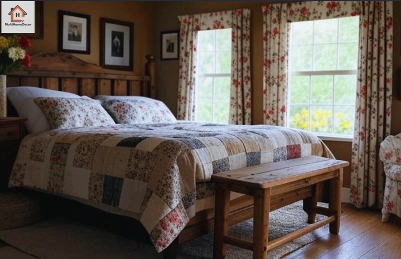 Cozy bedroom with patchwork quilt, wooden bed, floral curtains, bench, and framed photos on walls.