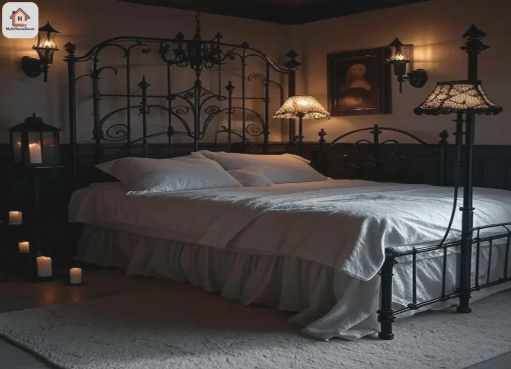 Gothic bed with chandelier, lantern candles, and soft lamps in a dim, mysterious room