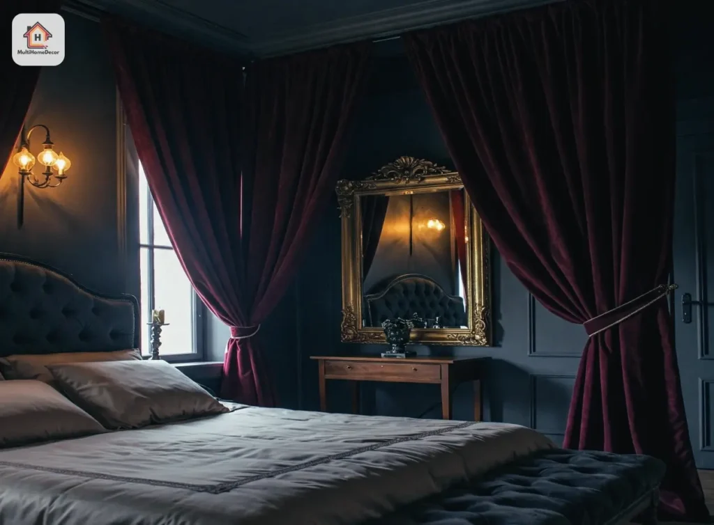 Gothic bedroom with velvet curtains and satin bedding