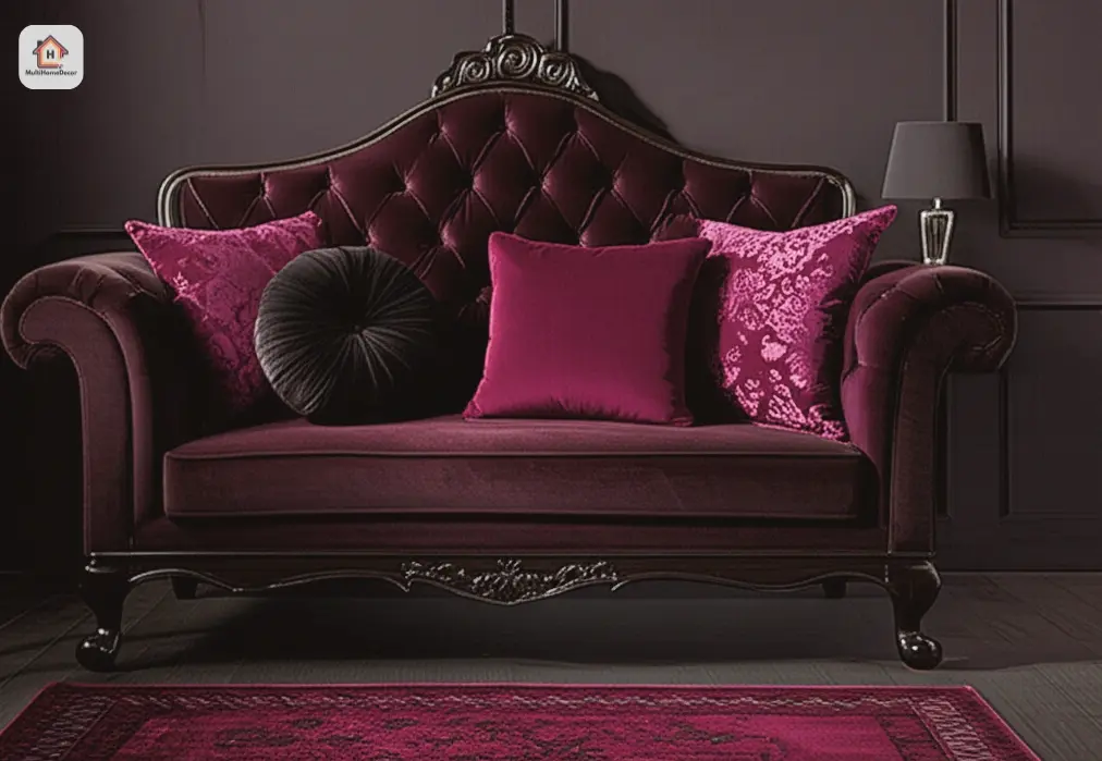 Gothic black sofa with deep purple and black pillows and rug