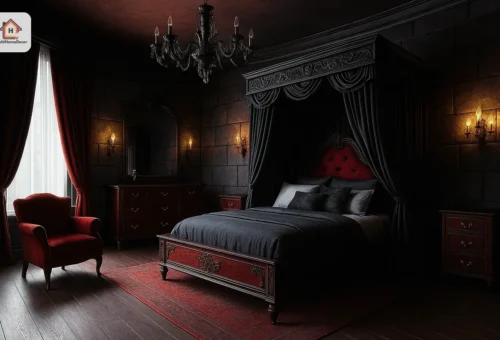 Gothic style bedroom decor with dark , canopy bed, red accents, and vintage furniture