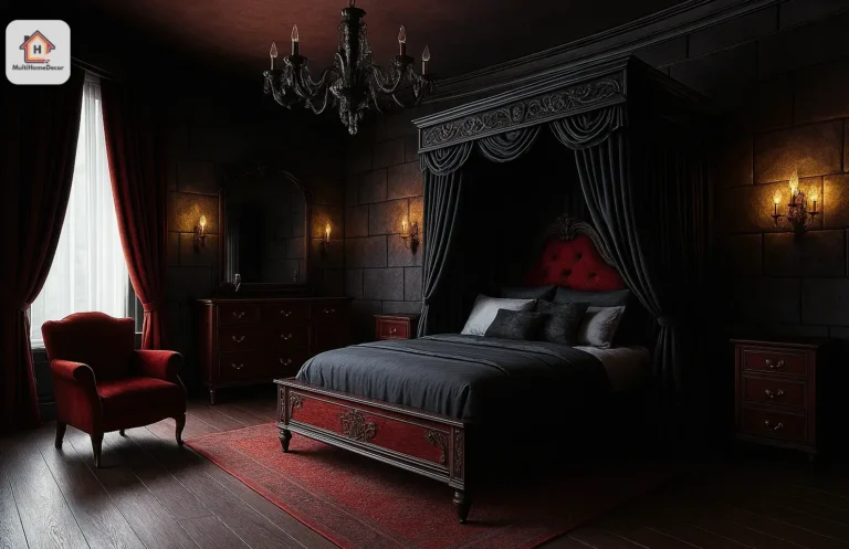 Gothic style bedroom decor with dark , canopy bed, red accents, and vintage furniture