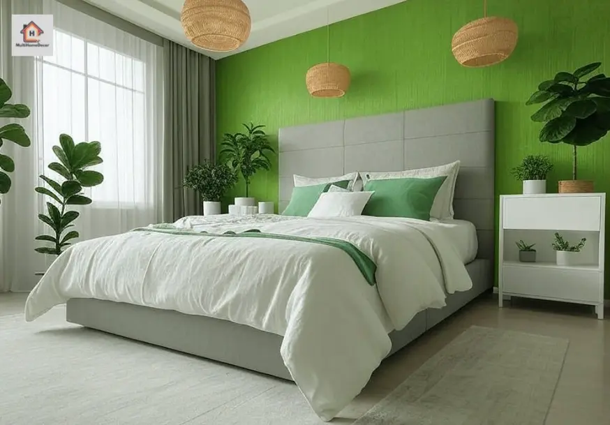 Bright bedroom with green walls, white bed, plants, and woven pendant lights.