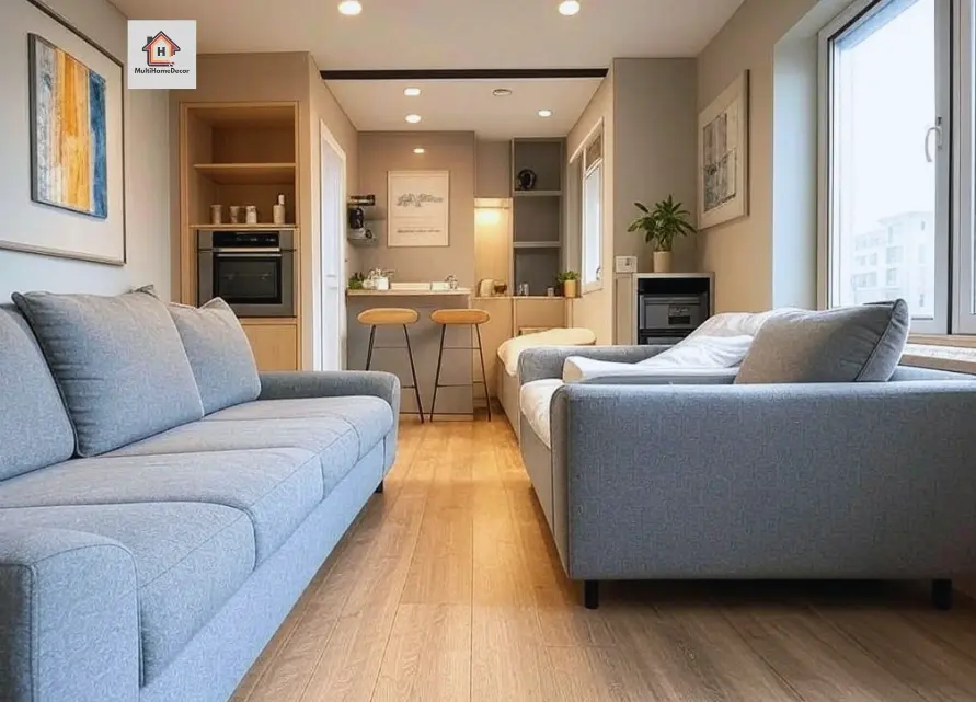 Cozy living room with gray sofas, wooden floor, small kitchen area, and large window.