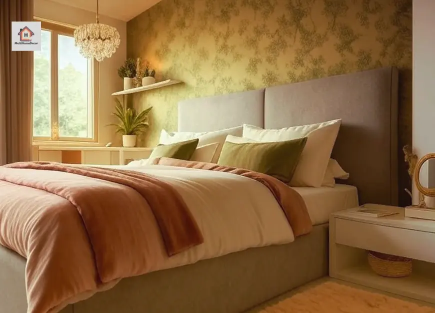 Cozy bedroom with a beige floral wall, white bed, pink blanket, green pillows, plants, chandelier, and a nightstand