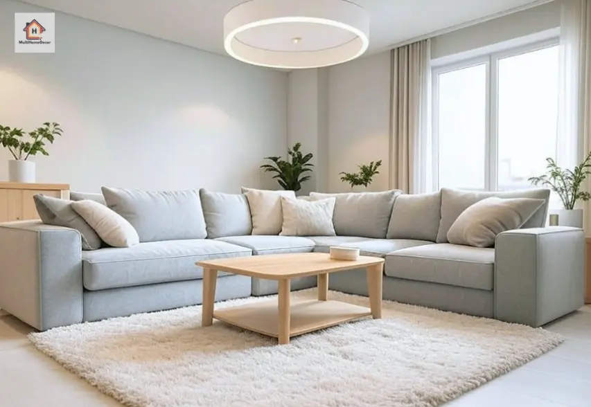 Modern living room with gray sectional sofa, wooden coffee table, plants, and large windows.