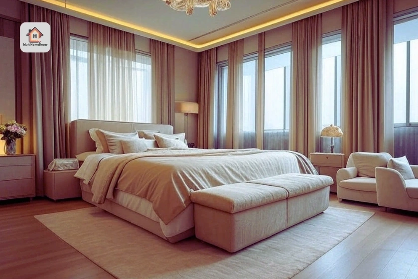 Elegant bedroom with beige bed, chandelier, large windows with curtains, nightstands, and a cozy armchair.