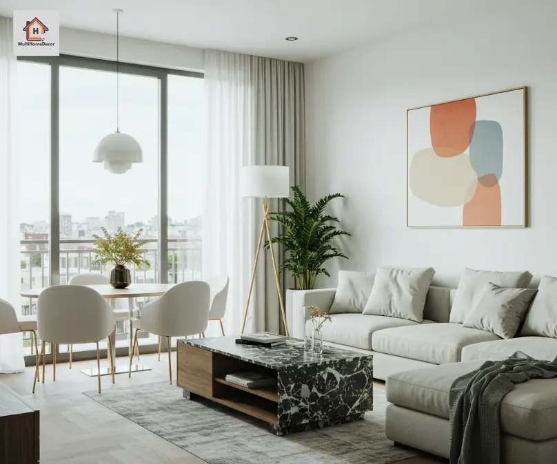 Modern living room with gray sofa, marble coffee table, dining area, plants, and large windows.